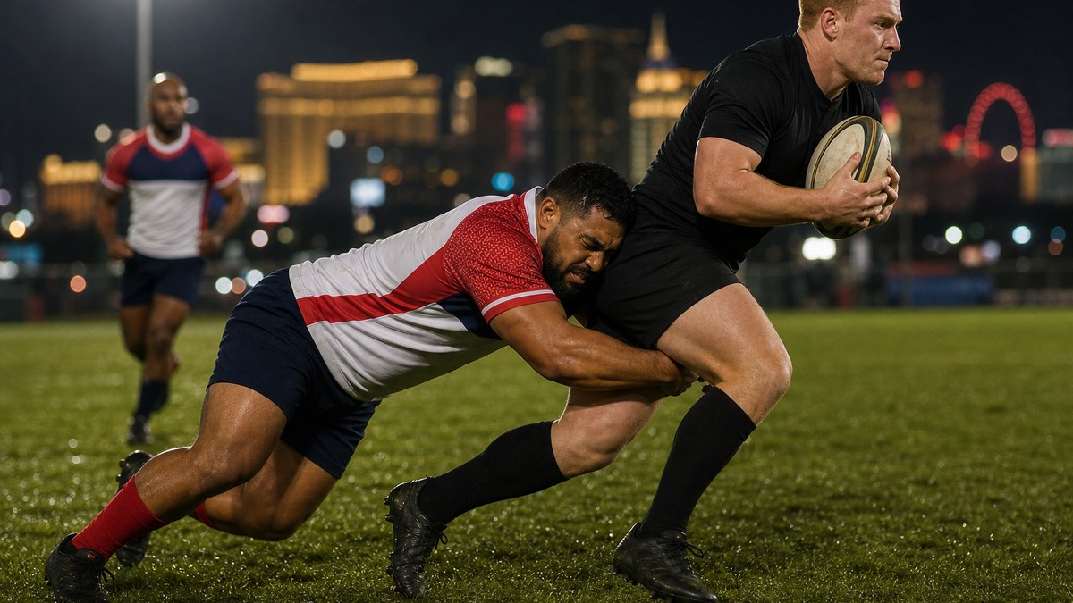 Vegas Knights player making a low, safe front-on tackle around the thighs of a ball carrier in black, head to the side, under floodlights