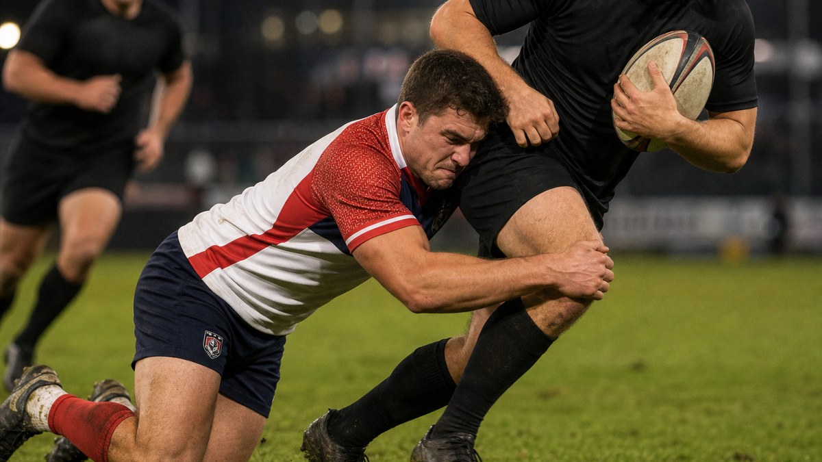 Vegas Knights player making a low, safe tackle around the waist of a ball carrier in black, head to the side