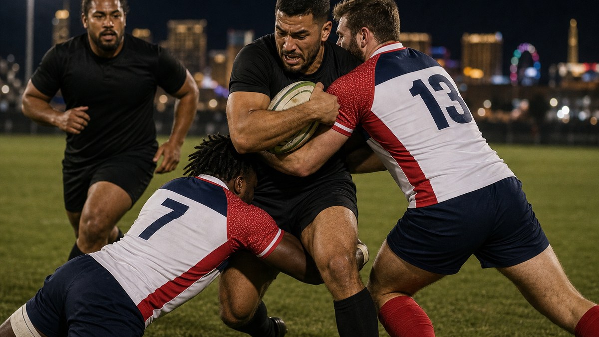 Two Vegas Knights defenders tackling a ball carrier in black together during a match, the first tackler low around the legs, numbers visible on their backs
